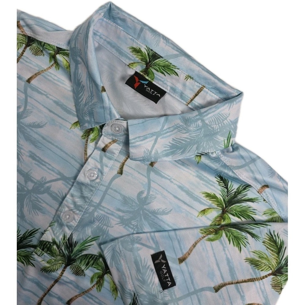 Yatta‎ Golf Polo Shirt Blue Water Palm Trees Hawaiian Performance Mens Small